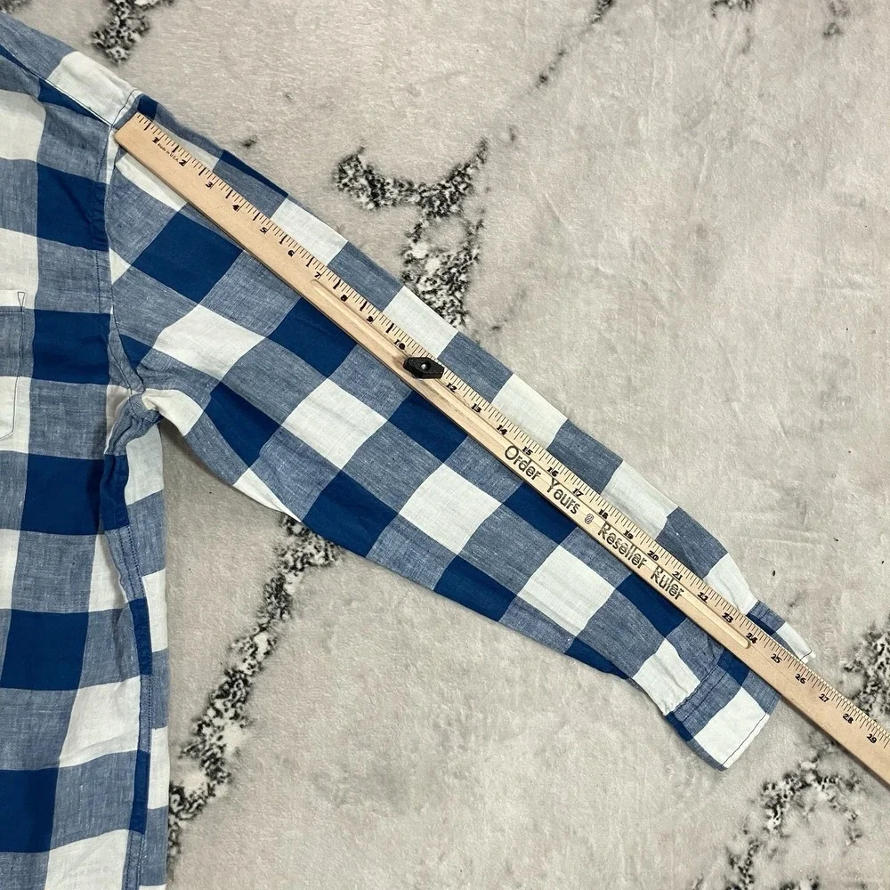 Banana Republic Camden Fit 100% Linen Blue Buffalo Plaid Shirt Men's Size XL
